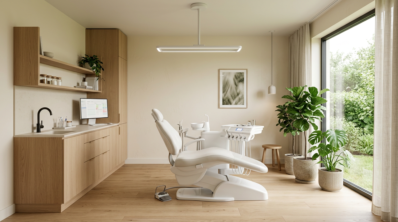 Light-filled treatment room at Lumina with oak cabinetry and a modern dental chair